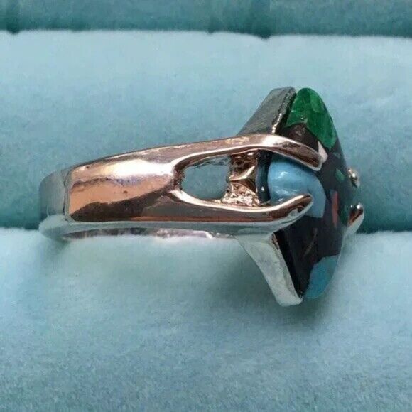 Silver Tone Fordite Ring Multicolor Imitation Stone Size 6.5 Paint Enamel Resin - Picture 7 of 8